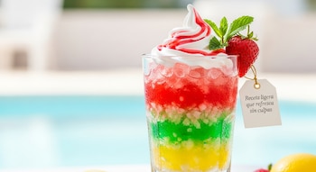 Vaso de frappé de gelatina con capas rojas, verdes y amarillas, cubierto con crema batida, sirope rojo, fresa y menta, sobre un fondo azul claro.