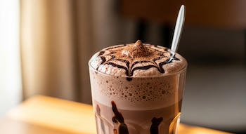 Primer plano de un vaso de Chocofoam de chocolate con espuma, jarabe de chocolate y cacao en polvo, junto a una cuchara metálica.