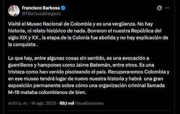 Captura de pantalla de una publicación en la red social X de la cuenta de Francisco Barbosa, con texto y cita de un mensaje previo