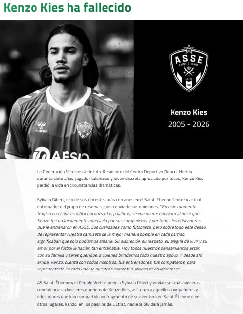 El AS Saint-Étienne confirmó el fallecimiento del futbolista este miércoles, dos días después del accidente que también derivó en una investigación de la fiscalía de Lyon