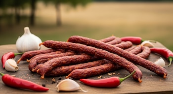 Primer plano de salchichas Cârnaţi de Pleşcoi de color rojo oscuro sobre una tabla de madera, acompañadas de ajos y pimientos rojos picantes. Fondo rural difuminado.