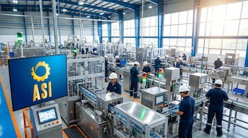 Planta industrial en El Salvador con maquinaria y líneas de producción. Trabajadores con cascos operan equipos. En primer plano, pantalla con el logo dorado de ASI sobre fondo azul.