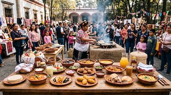 Una mesa de madera llena de platos tradicionales en recipientes de barro, frente a una cocinera en un fogón y un grupo de visitantes.