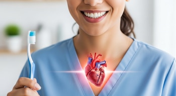 Primer plano de una persona sonriendo con dentadura blanca y un cepillo de dientes, con un corazón humano ilustrado sobre su pecho.
