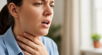 Primer plano de una mujer joven con el cabello castaño y camisa azul claro, tocándose la garganta con la mano derecha y expresión de malestar.