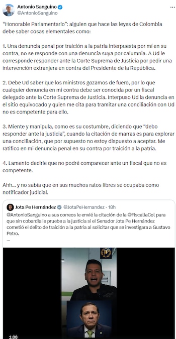 Antonio Sanguino respondió a Jota Pe Hernández: “Debe responder ante la Corte Suprema, no ante conciliadores” - crédito @JotaPeHernandez/X