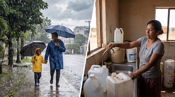 Una mujer y un niño caminan con paraguas bajo la lluvia a la izquierda y una mujer intenta obtener agua de un grifo rodeada de recipientes.