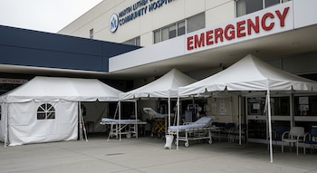 Exterior de hospital con carpas blancas, camillas y sillas junto a la entrada de emergencias, cartel rojo de "EMERGENCY" y logo de Martin Luther King Jr. Community Hospital.