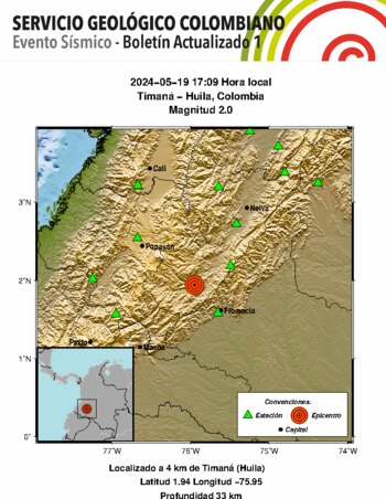 El sismo fue registrado a una profundidad de 33 km - crédito SGC