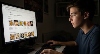 Un adolescente mira fijamente una pantalla de computadora que muestra una búsqueda de Google para "recetas para el Día de la Madre", con imágenes de platillos.