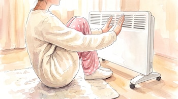 Ilustración de una persona sentada en el suelo con pijamas y pantuflas, calentando sus manos en un calefactor eléctrico blanco.