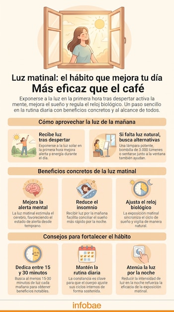 Infografía con título sobre luz matinal, incluye ilustraciones de una persona en una ventana, íconos de cerebro, cama y reloj, y textos explicativos.