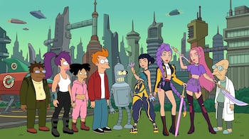 Nueve personajes animados de pie sobre el césped delante de rascacielos futuristas y naves en el cielo