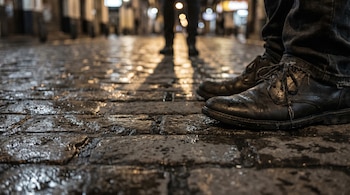 Vista macro de los pies de una mujer con zapatos oscuros y pantalones, caminando sobre adoquines mojados en una calle nocturna. Se ven reflejos de luz y una sombra larga.