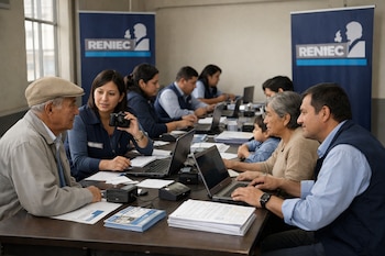 Varias personas, entre personal de RENIEC, adultos mayores, familias y un niño, sentadas en una mesa larga con computadoras, documentos y banners de RENIEC.