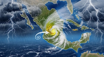 Mapa meteorológico de México con espiral de nubes blancas y amarillas sobre el centro-sur, lluvia y relámpagos sobre el norte del país y el océano.