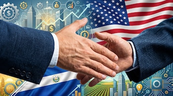 Apretón de manos de negocios con banderas de Estados Unidos y El Salvador. Fondo de símbolos económicos, edificios, tecnología y campos agrícolas.