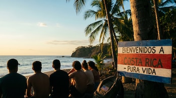 Seis personas de espaldas en playa con palmeras observan atardecer. Cartel de bienvenida a Costa Rica y mochila con bandera de Estados Unidos.