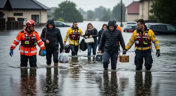 Un grupo de personas y rescatistas caminan por una calle inundada con agua hasta las rodillas, llevando pertenencias bajo la lluvia, con casas al fondo.