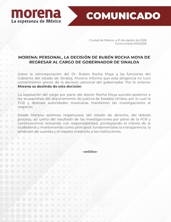 La dirigencia de Morena también se deslindó del regreso de Rubén Rocha al gobierno de Sinaloa.
Crédito: X/ @PartidoMorenaMx