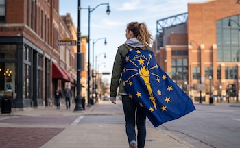 Vista trasera de una mujer caminando por una calle de la ciudad, con la bandera de Indiana colgada de su espalda como capa, entre edificios de ladrillo