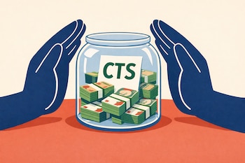 Ilustración de una urna de cristal transparente con fajos de billetes y un cartel con 'CTS' dentro, rodeada por dos manos azules protectoras en un fondo terracota y beige.
