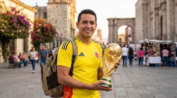 Hombre sonriente con camiseta amarilla de la selección colombiana y mochila sostiene el trofeo del Mundial 2026, con arquitectura colonial mexicana de fondo.