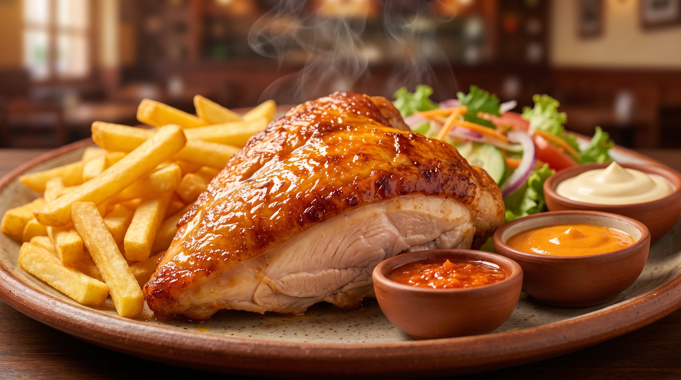 Un cuarto de pollo a la brasa, papas fritas y ensalada se presenta en un plato rústico en una pollería peruana. (Imagen Ilustrativa Infobae)