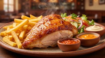 Plato rústico con un cuarto de pollo a la brasa, papas fritas, ensalada y tres recipientes con salsas diferentes.