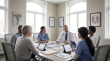 Grupo diverso de seis personas, incluyendo profesionales de la salud y pacientes, sentados alrededor de una mesa con documentos y tabletas en un consultorio médico.