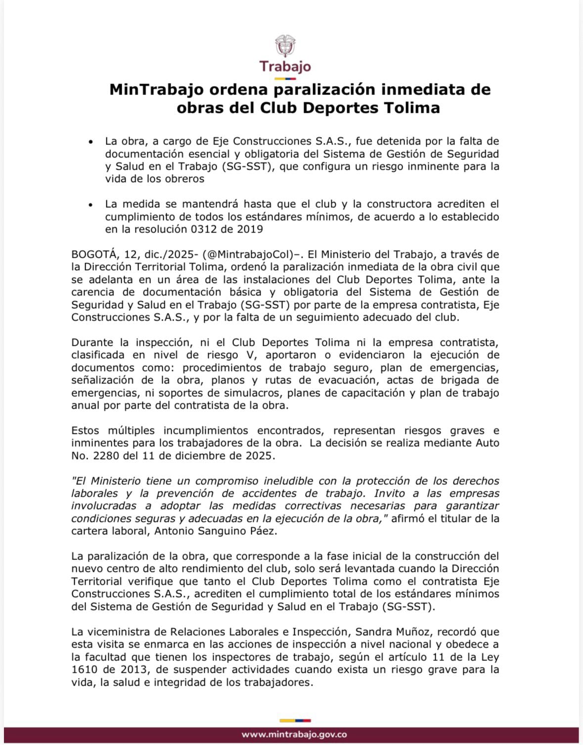 La suspensión se mantendrá hasta que el club y la empresa acrediten el cumplimiento total de los estándares mínimos establecidos - crédito Ministerio del Trabajo