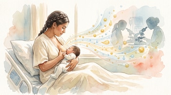 Madre amamantando a bebé en una cama de hospital. Partículas de gota y esferas doradas y azules flotan. Siluetas de personas y microscopios difuminados al fondo.