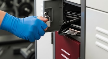 Primer plano de una mano con guante azul forzando la cerradura de un locker de gimnasio metálico, mostrando una billetera, tarjetas y un teléfono.