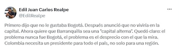 El edil de Bogotá Juan Carlos Realpe leyó la propuesta como una señal de distanciamiento con la capital del país - crédito @EdilRealpe/X