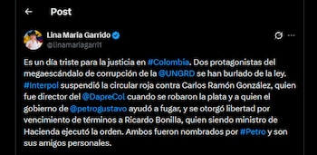 Lina María Garrido calificó el fallo como un golpe a la justicia y vinculó la decisión con el escándalo de la Ungrd - crédito @linamariagarri1/X