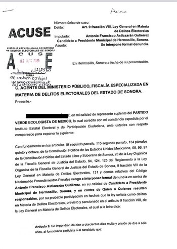 PVEM de Sonora interpone denuncia