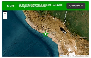 Mapa con una estrella verde que ubica el epicentro de un sismo cerca de Camaná y Arequipa, con un encabezado verde que indica magnitud 3,5