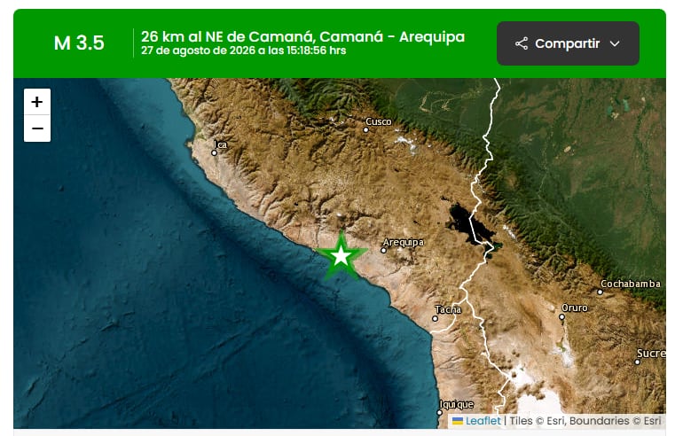 Un mapa del Instituto Geofísico del Perú señala el epicentro de un sismo de magnitud 3,5 ubicado a 26 kilómetros al noreste de Camaná, en la región Arequipa. (IGP)