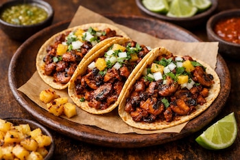 Tres tacos con champiñones, piña, cebolla y cilantro en un plato de madera. Se ven cuencos con salsa verde, salsa roja, trozos de piña y rodajas de limón.