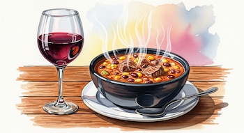 Pintura en acuarela de un plato de locro humeante con carne, maíz y frijoles, junto a una copa de vino tinto Malbec, sobre una mesa de madera rústica.