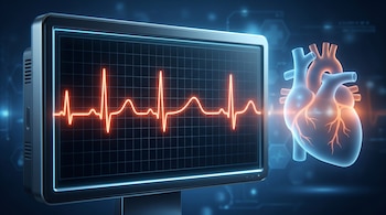 Monitor médico con una línea naranja de electrocardiograma en una cuadrícula junto a la figura luminosa de un corazón sobre fondo azul.