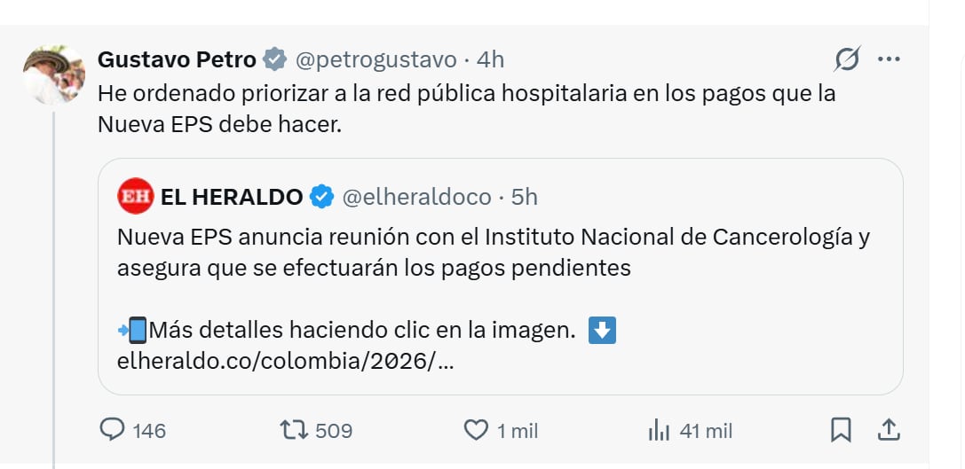 El presidente Gustavo Petro ordenó priorizar los pagos a la red hospitalaria pública de la Nueva EPS - crédito @petrogustavo/X