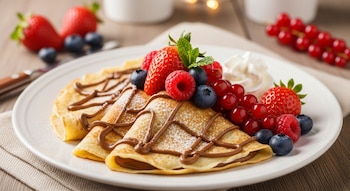 Dos crepas dobladas con crema de avellanas, cubiertas con fresas, frambuesas, arándanos, grosellas rojas y crema batida, adornadas con una hoja de menta.