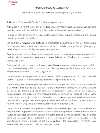Articulado del proyecto de ley de la reforma política del Gobierno Petro - crédito Ministerio del Interior