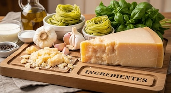 Una tabla de madera contiene un trozo grande de queso Parmesano, queso desmenuzado, pasta verde, ajo, albahaca, aceite de oliva, leche, sal y pimienta.