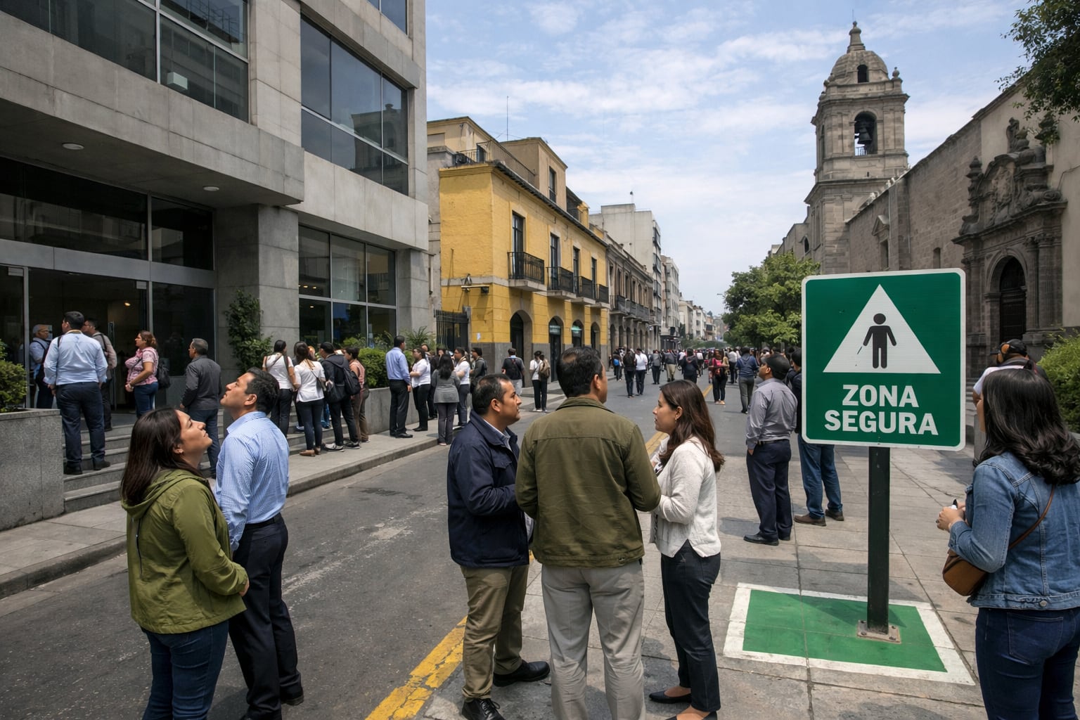 Personas evacúan edificios modernos y coloniales de una ciudad peruana, reuniéndose en la calle cerca de una señal de