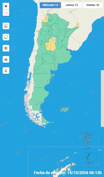 Mapa de Argentina en tonos verde y amarillo con botones de fecha, iconos de clima a la izquierda y la fecha de emisión en la parte inferior