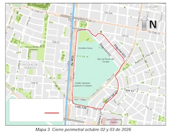 Mapa con trazados de desvío en líneas punteadas rojas y negras junto al Estadio Nemesio Camacho El Campín
