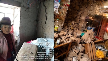 Una mujer mayor junto a una pared agrietada y una habitación con escombros de adobe sobre varios muebles