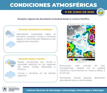 Captura de pantalla de un informe meteorológico de INSIVUMEH para el 11 de junio de 2026, con un mapa satelital y texto sobre lluvias y tormentas